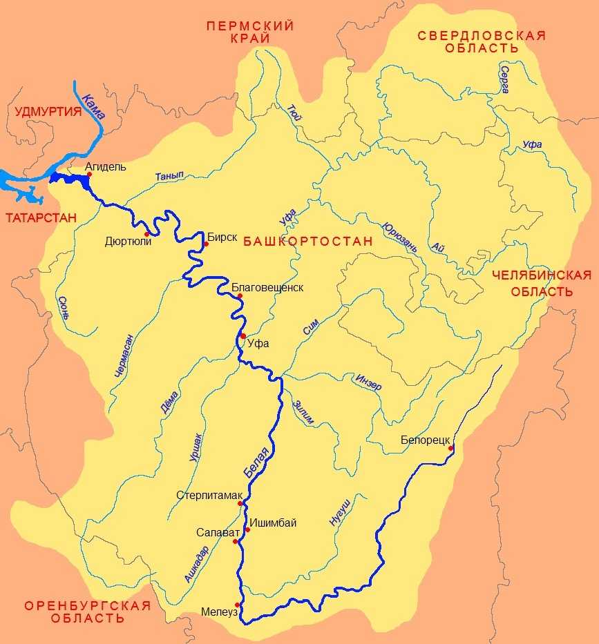 Река Белая на карте