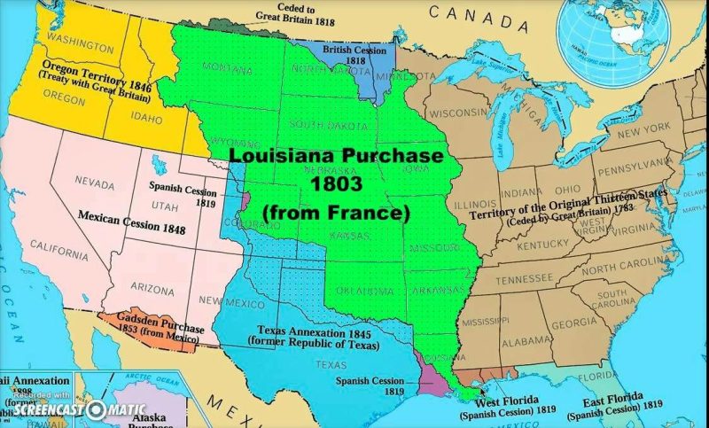 Земли, купленные у Франции в 1803 г. отмечены зеленым цветом 