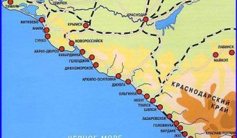 Карта курортов Краснодарского края на побережье Черного и Азовского моря