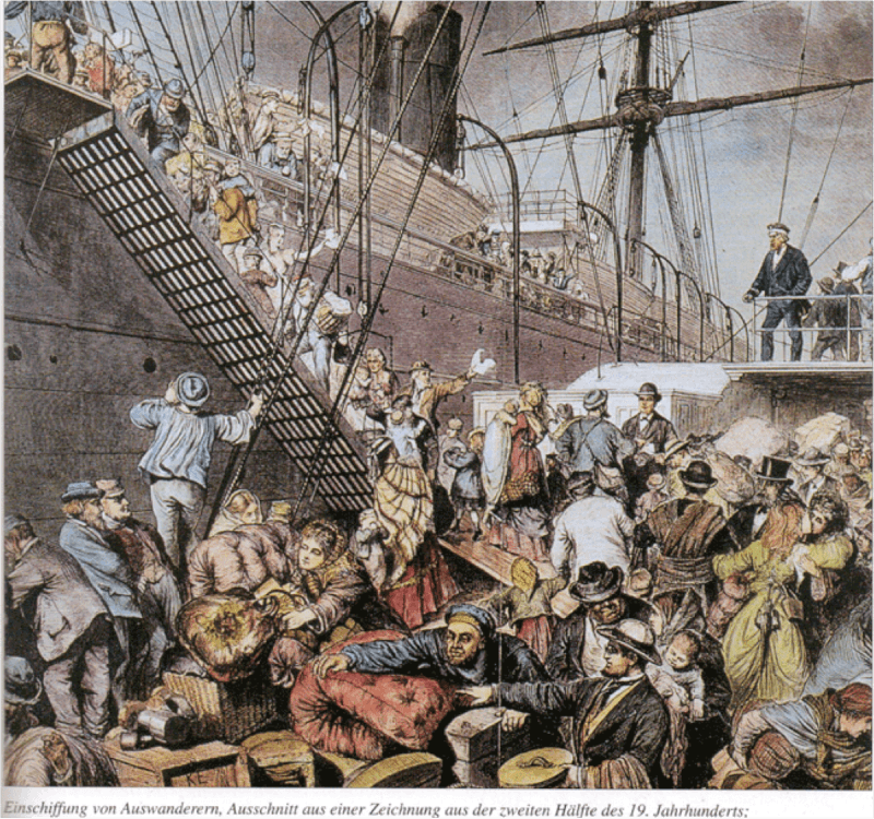 "От Старого к Новому Свету" показывает немецких эмигрантов, садящихся на пароход из Гамбурга в Нью-Йорк. Harper's Weekly, (Нью-Йорк), 7 ноября 1874 г. 